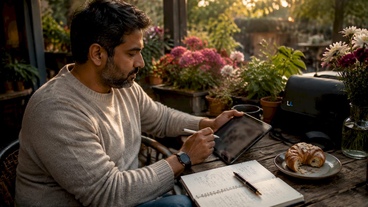 Man optimizing social media profile in café