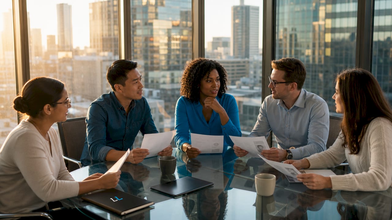 Overhead hands examining buying committee documents