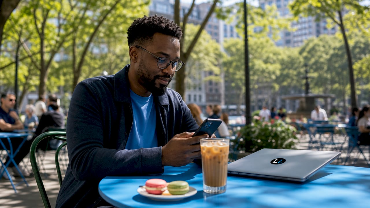 Man reviewing LinkedIn profile checklist at café