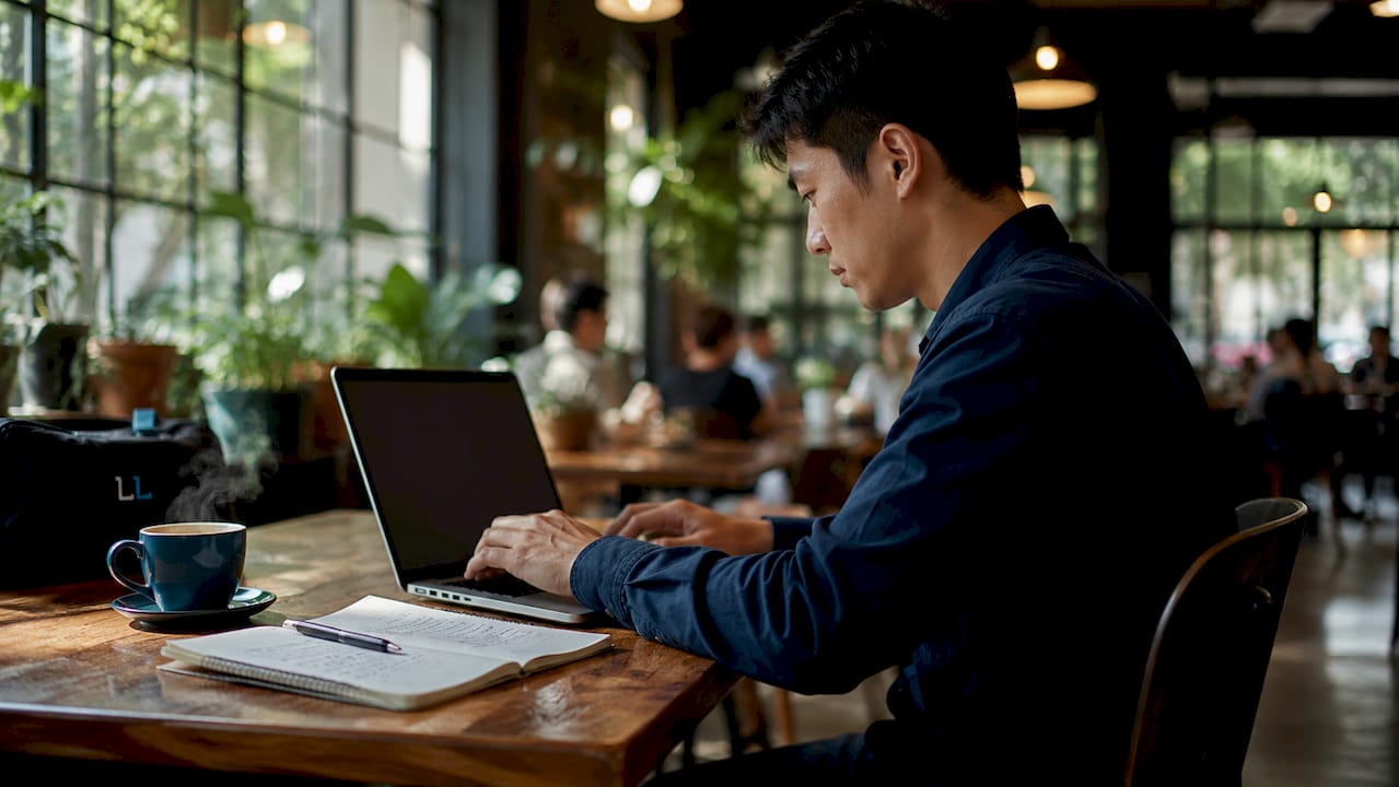 Man customizing LinkedIn URL on laptop in corporate office
