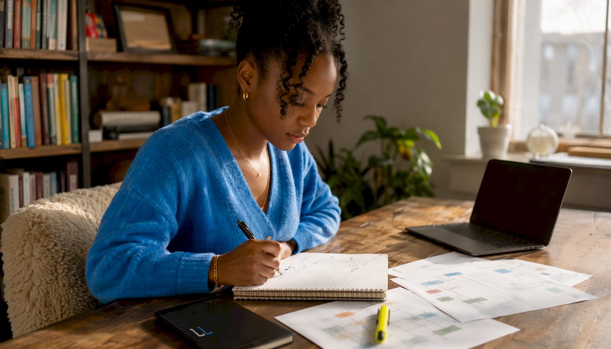Overhead view of note-taking for LinkedIn email campaign strategies