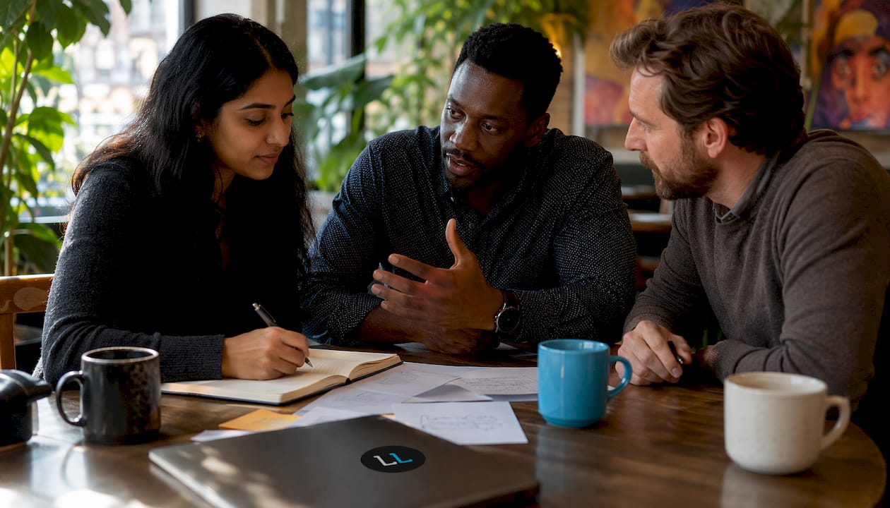 Team discussing B2B lead gen platform comparison