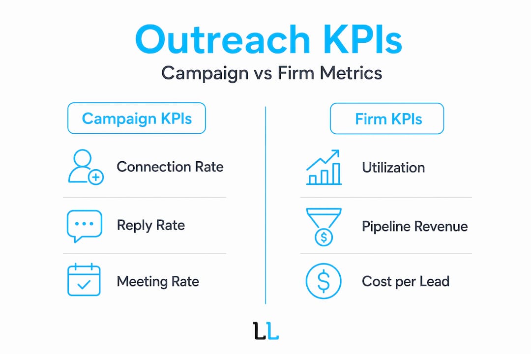 Infographic comparing campaign and firm outreach KPIs