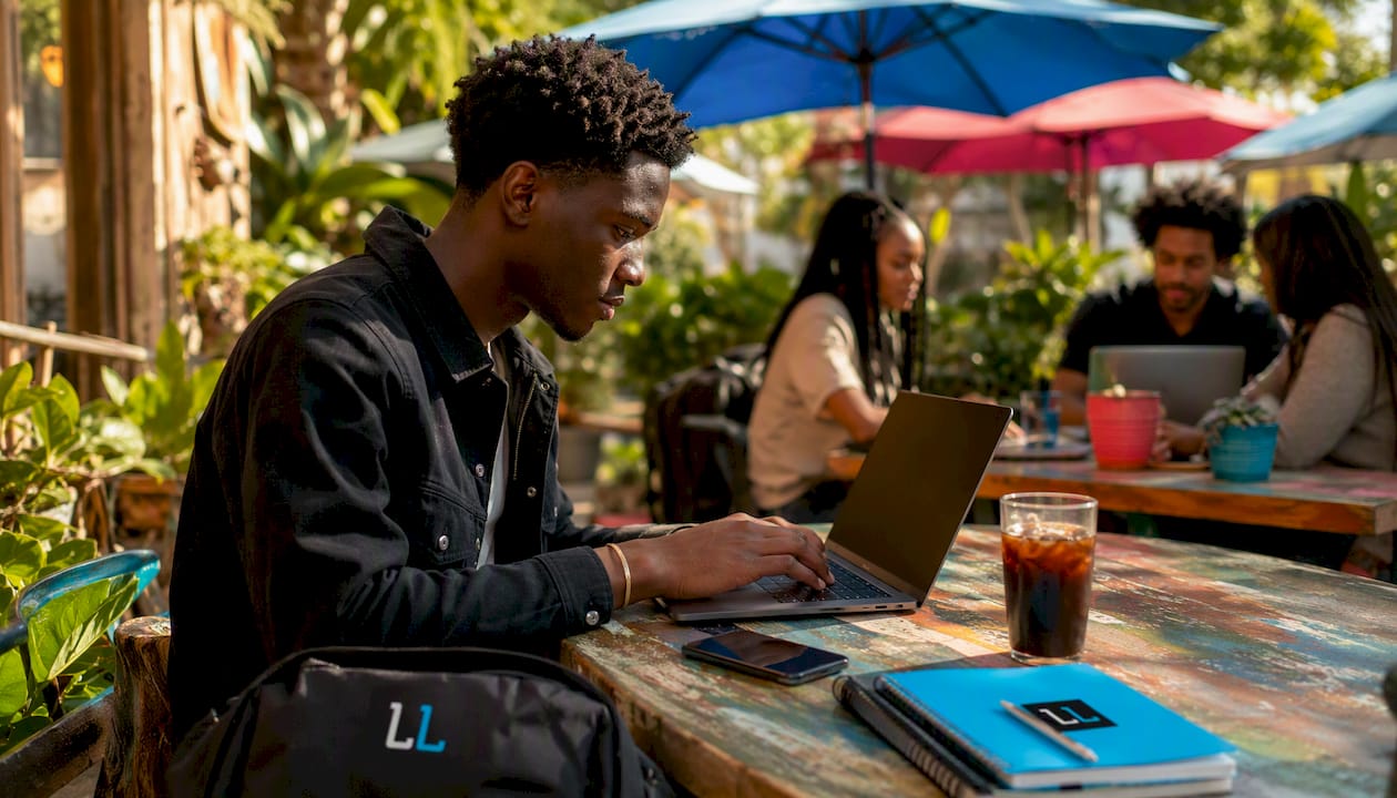 Marketer managing LinkedIn outreach on laptop in office