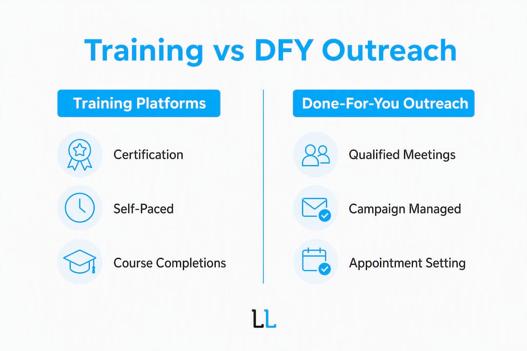 Infographic comparing training platforms and done-for-you outreach