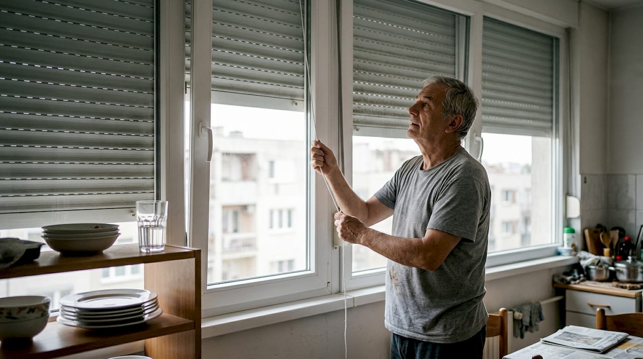 Čovek povlači aluminijsku roletnu na prozoru da spusti.