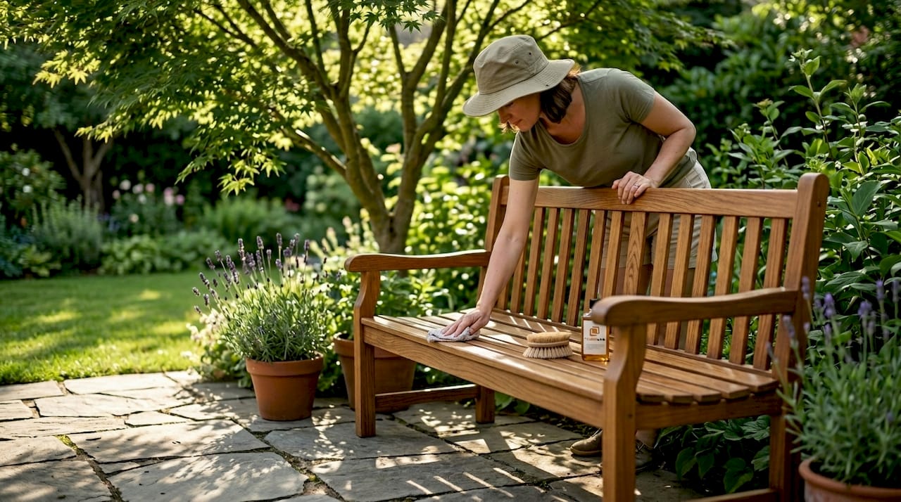 Een vrouw die haar eikenhouten tuinbank liefdevol onderhoudt.