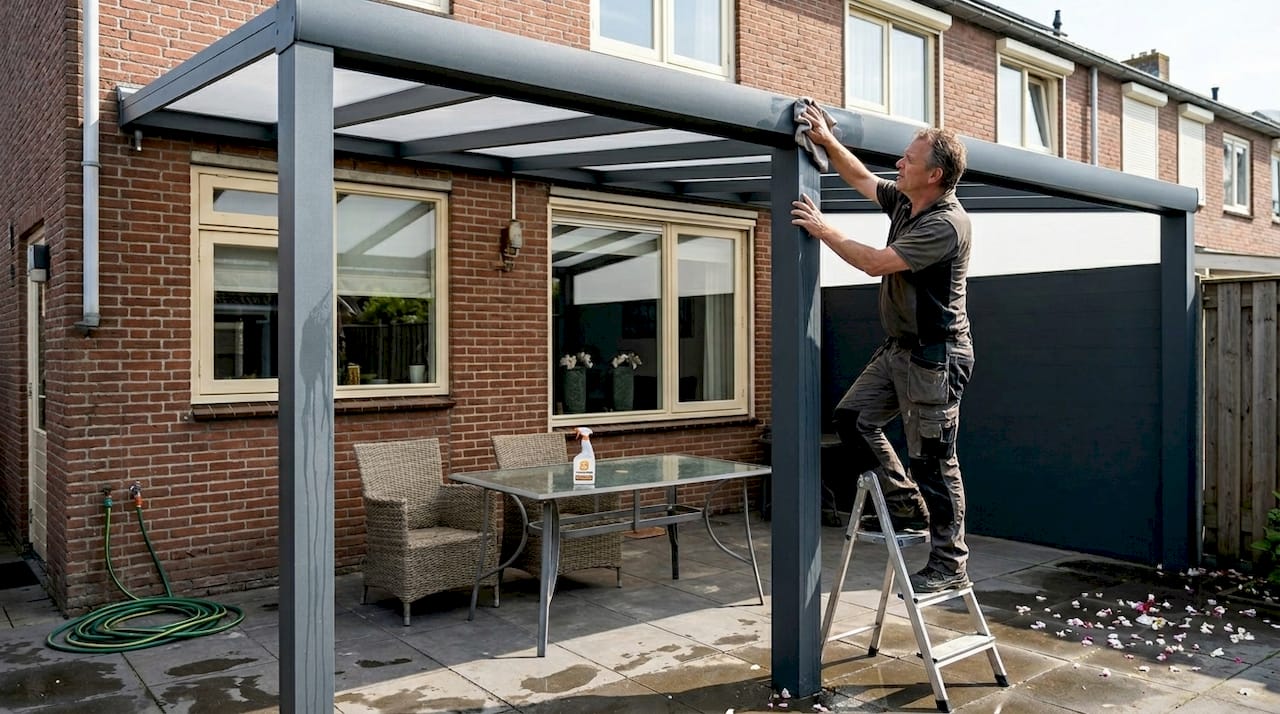 Man maakt zijn aluminium overkapping in de tuin schoon