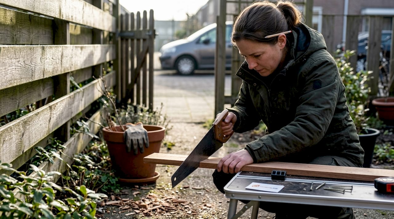 Een hovenier is bezig een plank op maat te zagen naast een houten schutting.