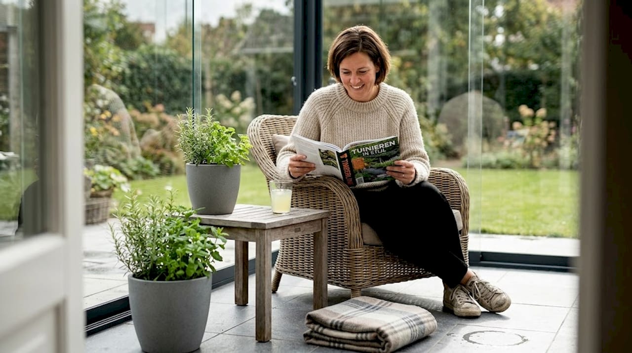 Een vrouw zit te lezen onder een glazen overkapping, terwijl het daglicht zacht naar binnen valt.