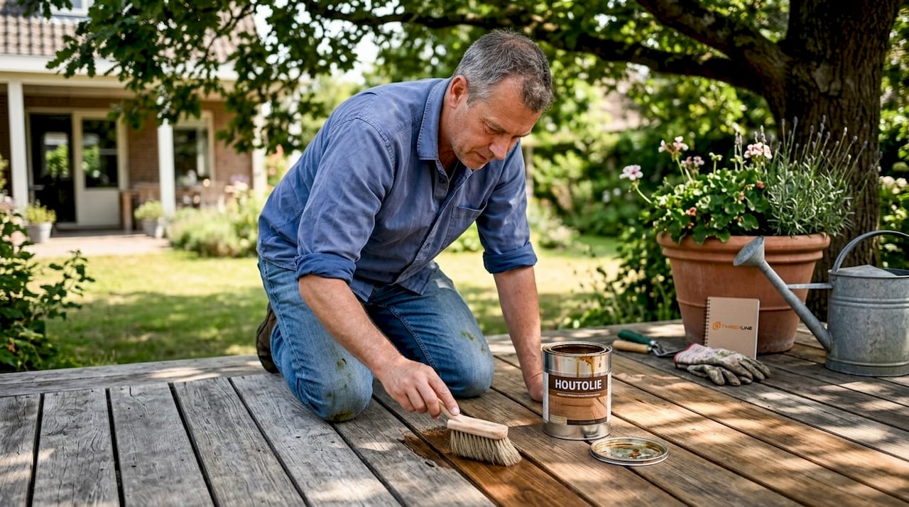 Een man brengt olie aan op de houten vlonderplanken.
