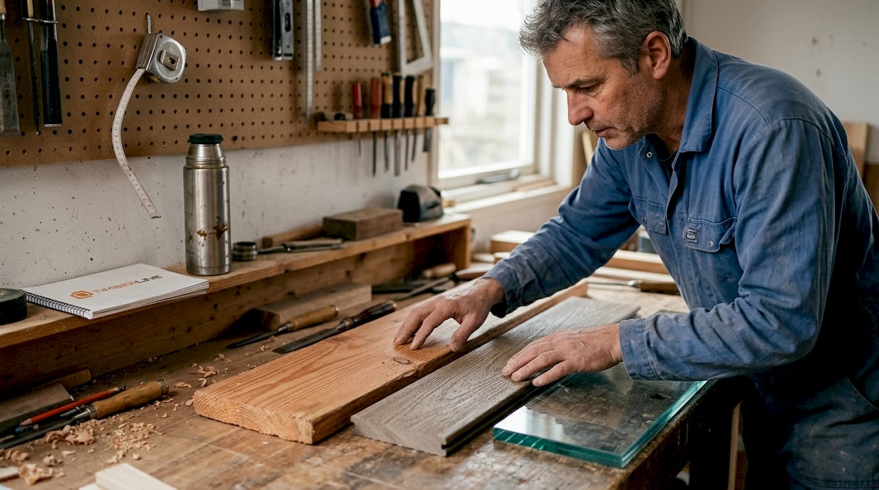 Een meubelmaker bekijkt en vergelijkt verschillende houtsoorten op zijn werkbank.