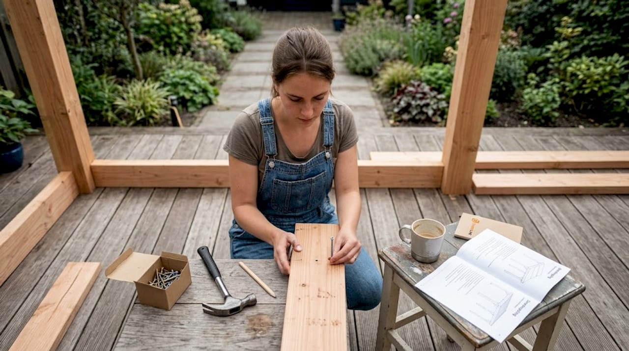 Een vrouw bekijkt of de schroeven stevig vastzitten tijdens het monteren van houten onderdelen.