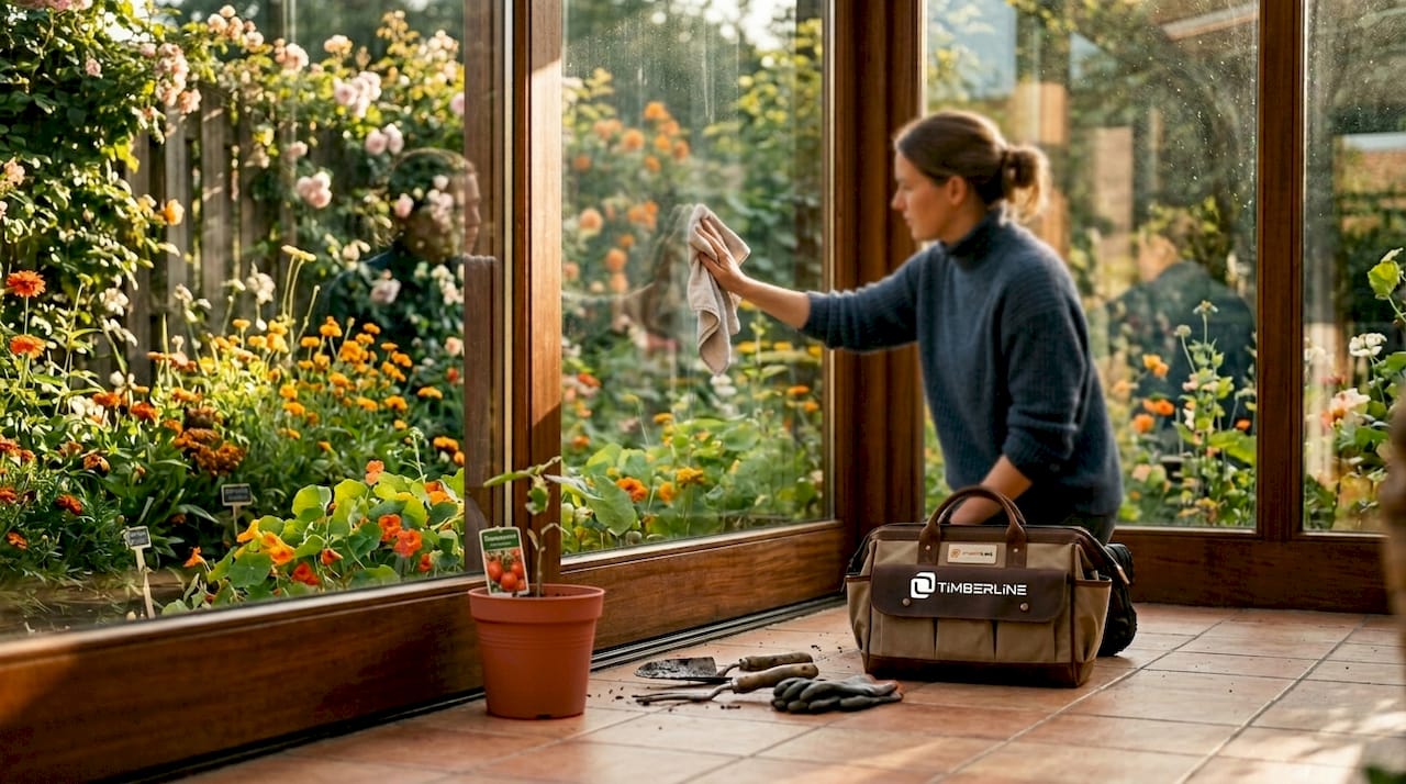 Een vrouw poetst de glazen schuifwand van haar tuinkamer.
