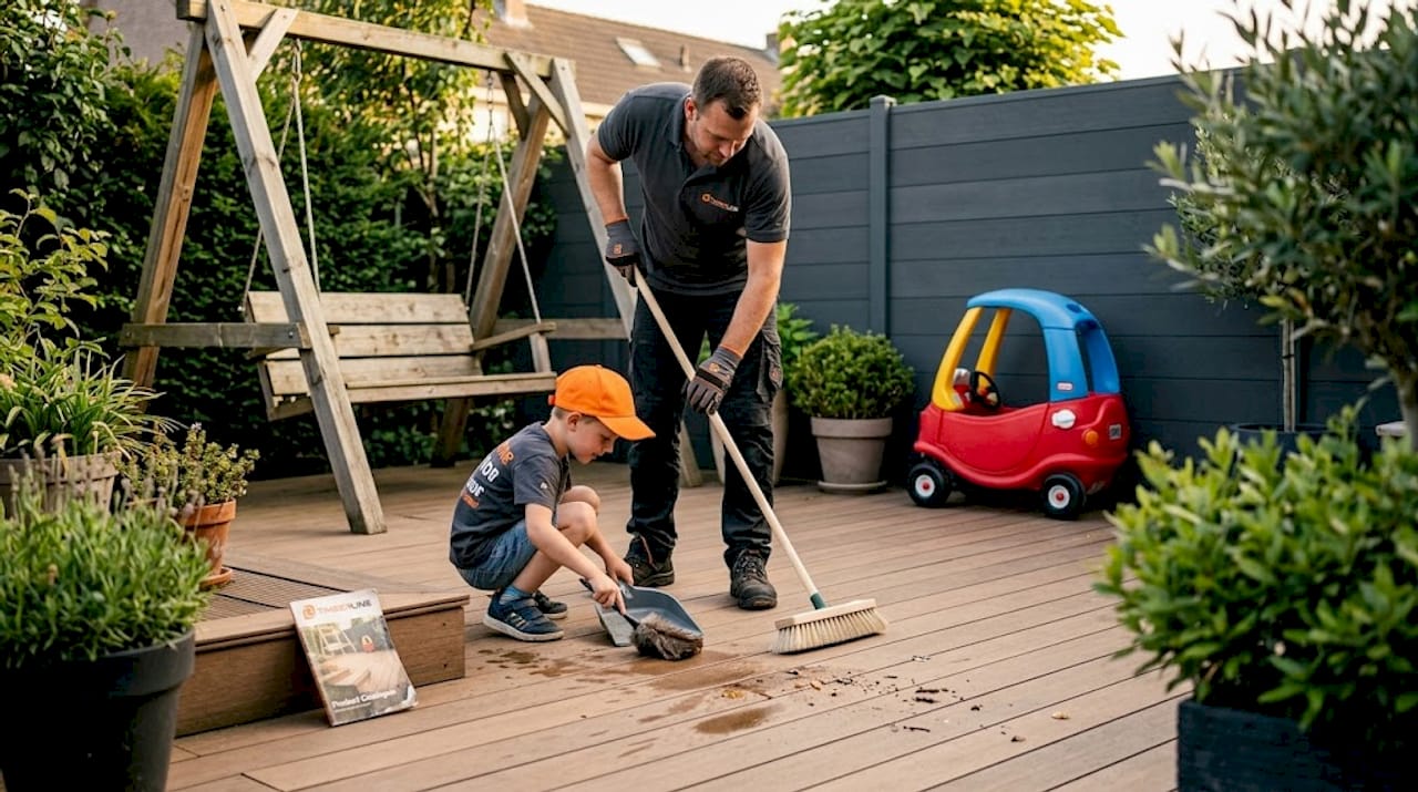 Een gezin is samen bezig met het schoonmaken en onderhouden van hun composiet terras in de tuin.
