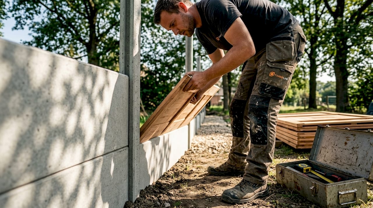 Plaatsen van een hout-betonschutting in de tuin