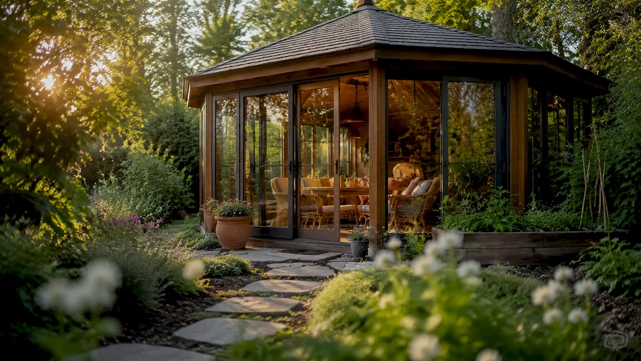 Vrijstaand tuinhuis met glazen wanden