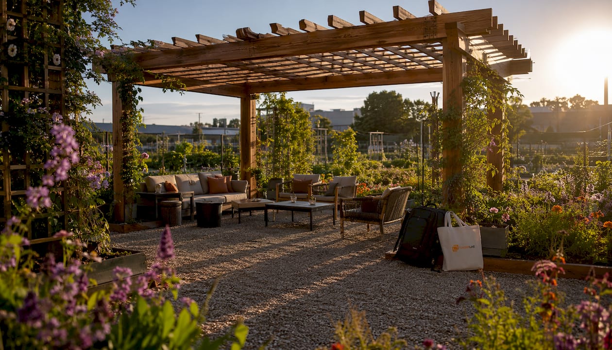 Een pergola die voor aangename schaduw zorgt in een strakke, moderne tuin.