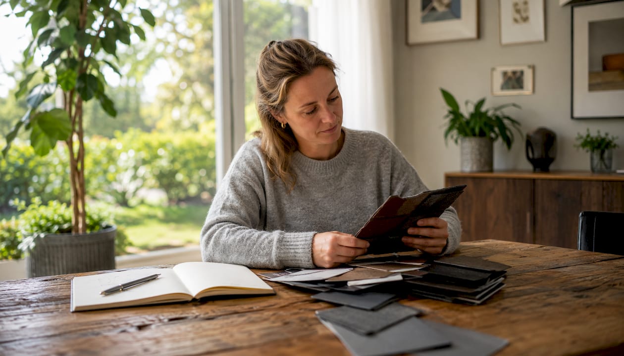 Een vrouw bladert door een brochure met verschillende mogelijkheden voor dakbedekking.