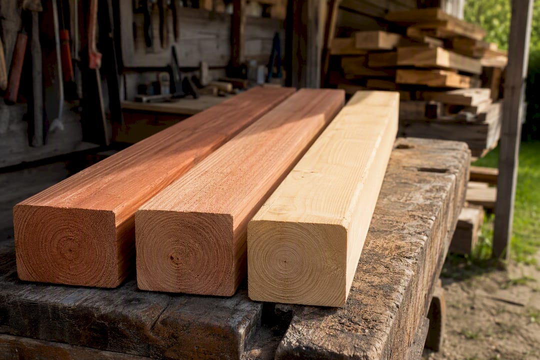 Drie houten balken met elk hun eigen, opvallende structuur