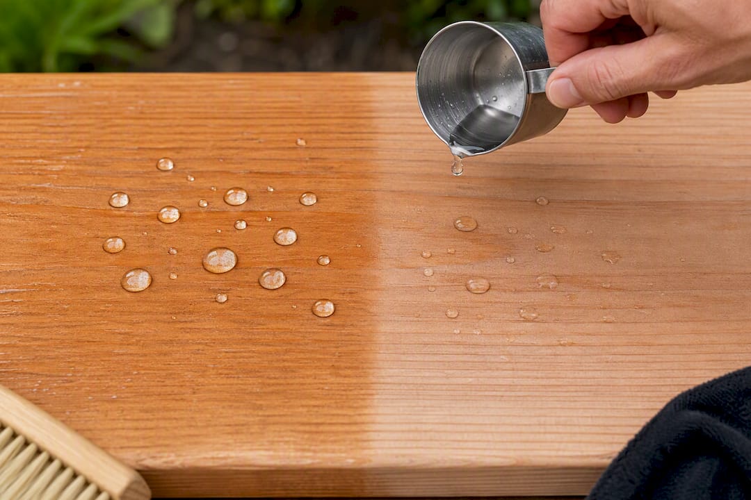 Waterdruppels testen de waterafstotendheid van Douglas hout