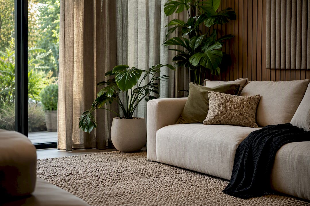 Gordijnen, een vloerkleed en planten in de tuinkamer