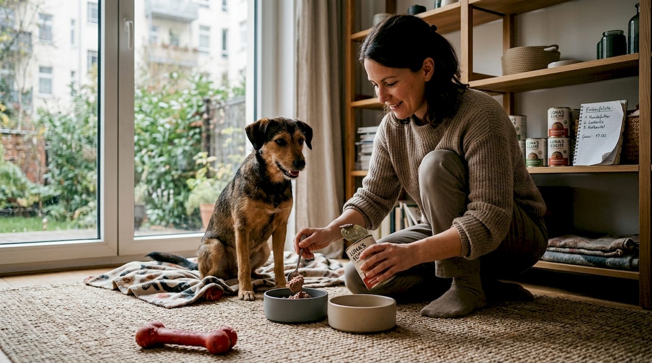 Eine Hundebesitzerin mischt im Alltag gezielt Nahrungsergänzungsmittel ins Futter ihres Vierbeiners.