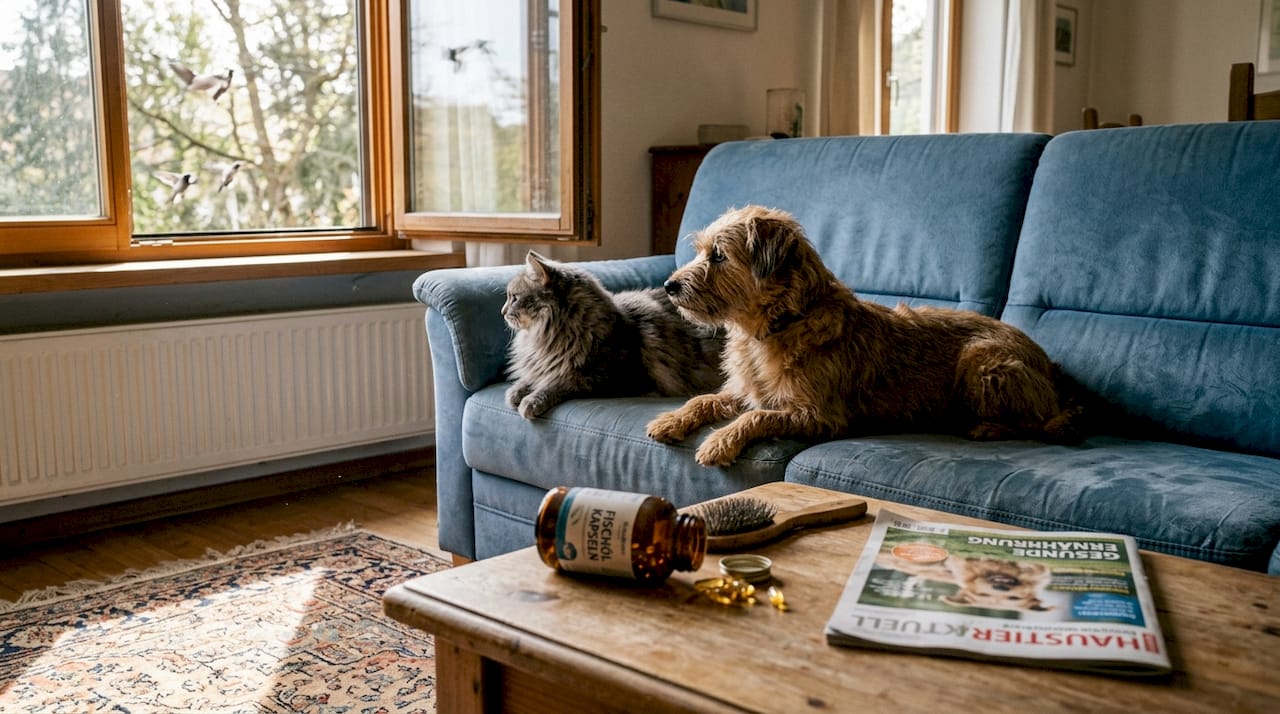 Ein Hund und eine Katze genießen entspannt die Sonne am Fenster, während in ihrer Nähe Nahrungsergänzungsmittel für Tiere bereitstehen.