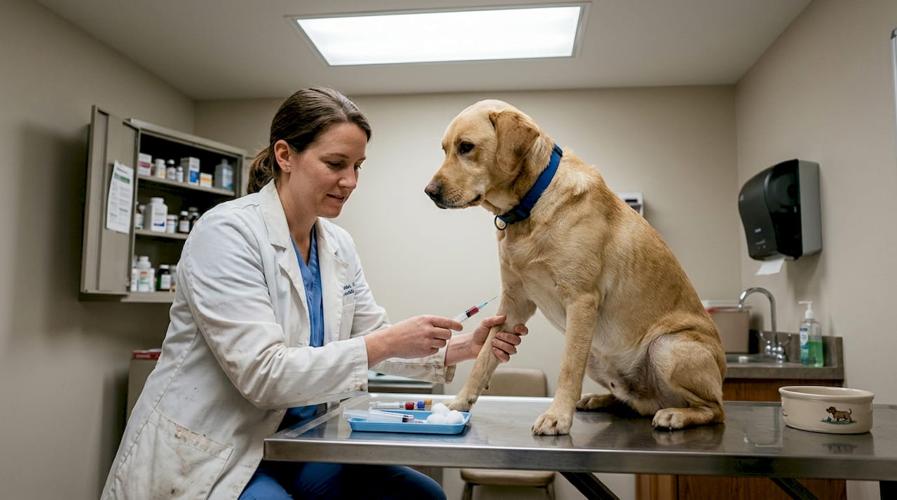 Eine Tierärztin entnimmt einem Hund eine Blutprobe zur Untersuchung.