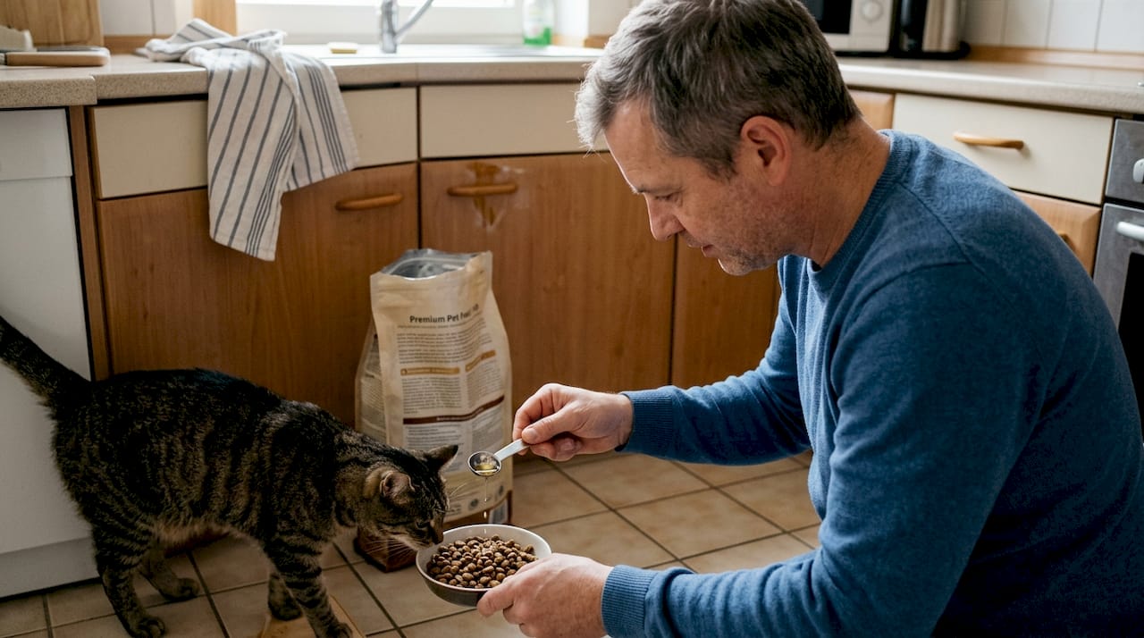 Mann mischt Omega-3-Öl ins Futter seines Haustiers
