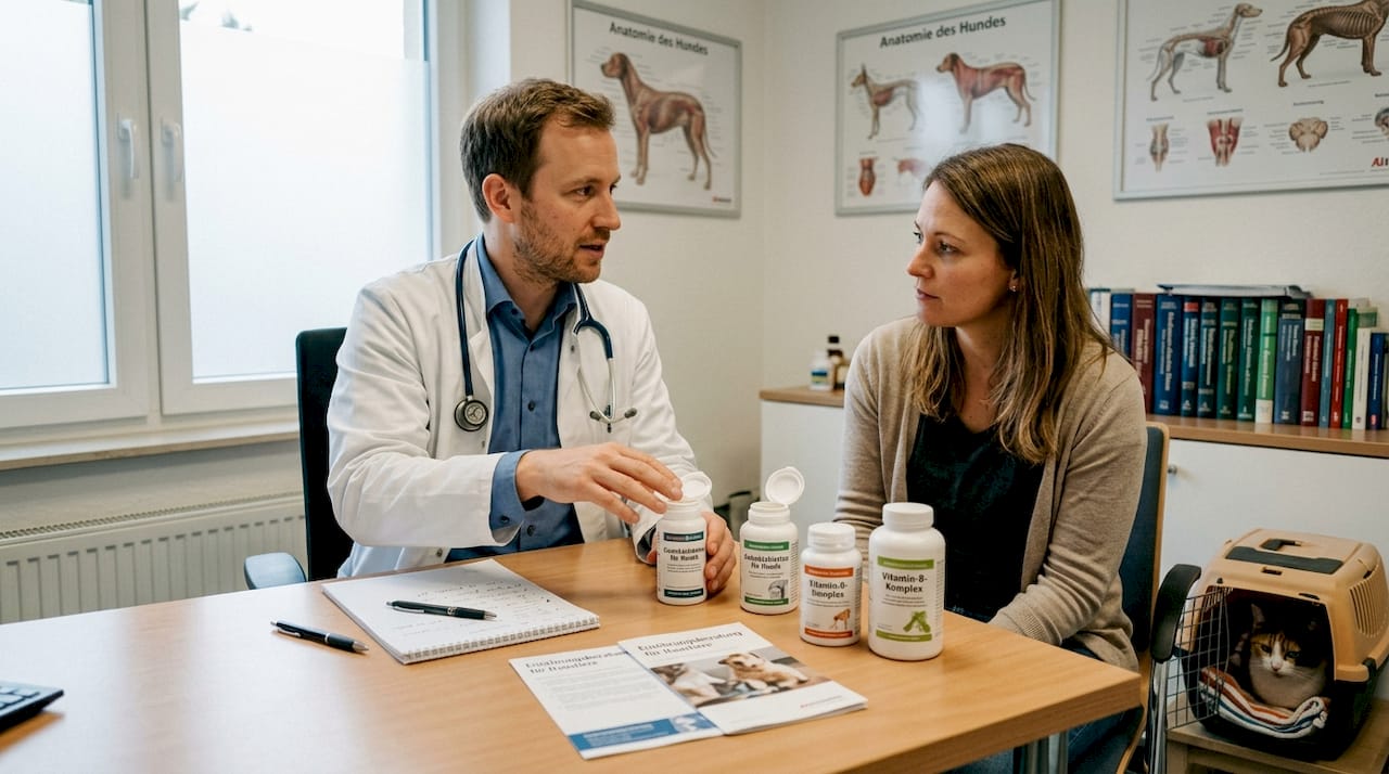 Der Tierarzt berät den Tierhalter zu Nahrungsergänzungsmitteln.