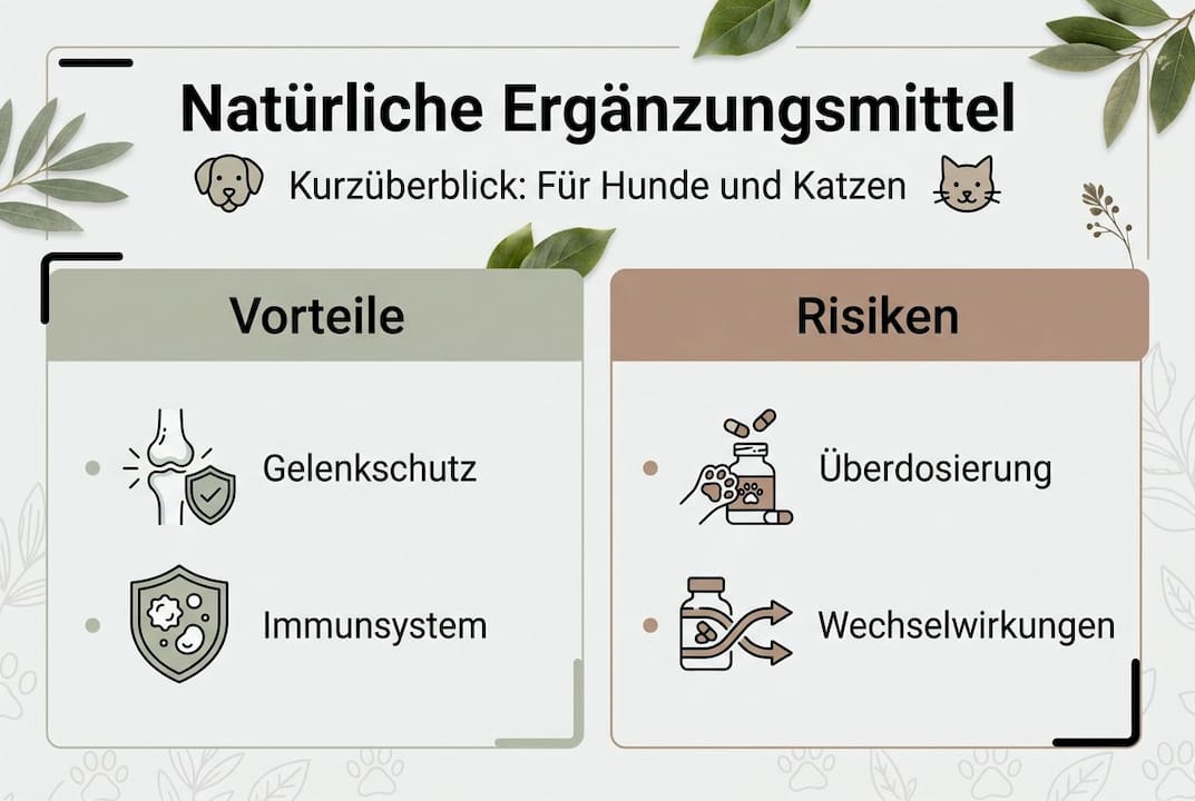 Eine anschauliche Infografik beleuchtet sowohl die Chancen als auch die möglichen Risiken von Nahrungsergänzungsmitteln.
