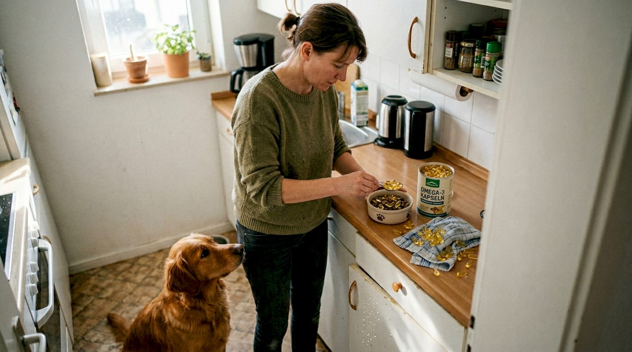Eine Frau bereitet das Futter für ihren Hund zu und mischt gezielt Zusatzstoffe unter, um die Mahlzeit noch nährstoffreicher zu machen.