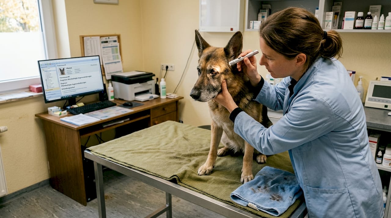 Im Untersuchungsraum wirft die Tierärztin einen genauen Blick auf das Auge des Hundes.