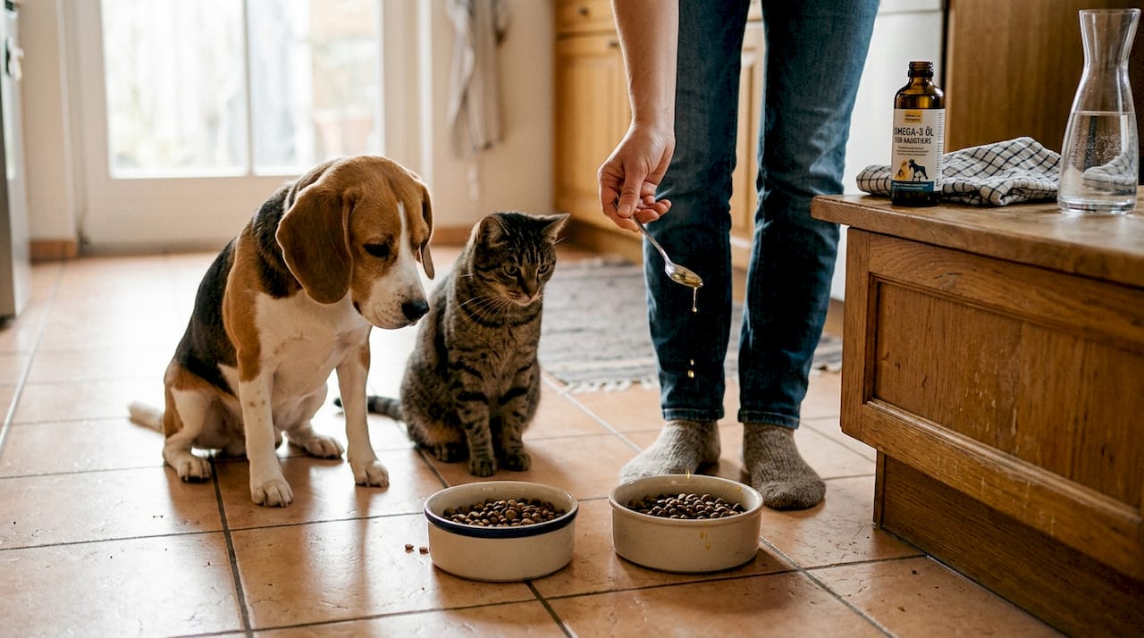 Der Tierhalter mischt dem Futter seines Lieblings Omega-3-Öl bei.