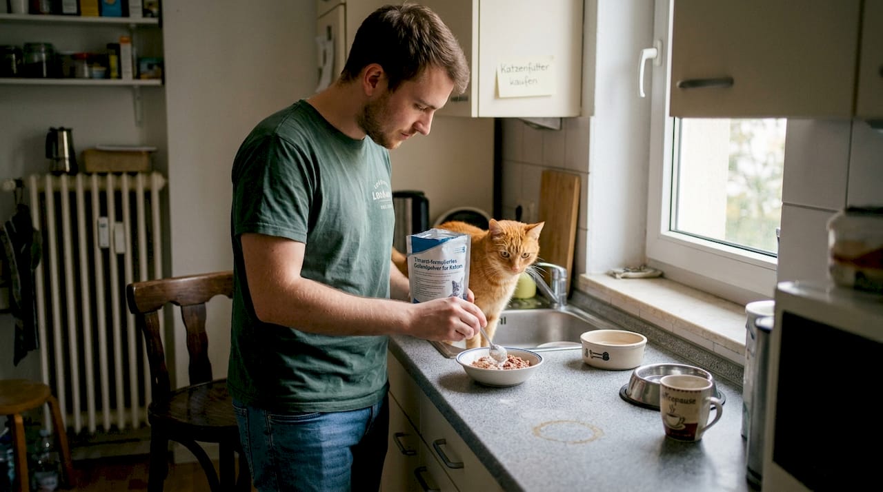 Ein Mann rührt ein Nahrungsergänzungsmittel unter das Futter seiner Katze.