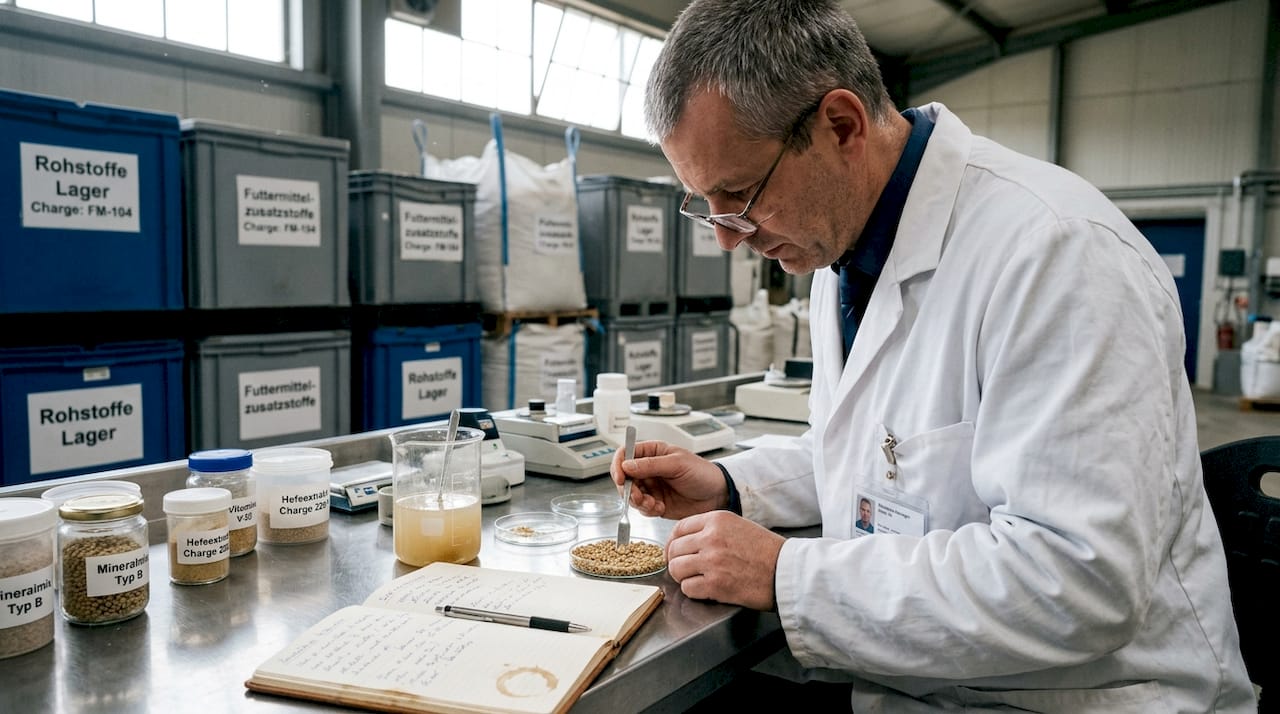Der Laborleiter überprüft die Qualität der Futterzusätze direkt im firmeneigenen Labor.