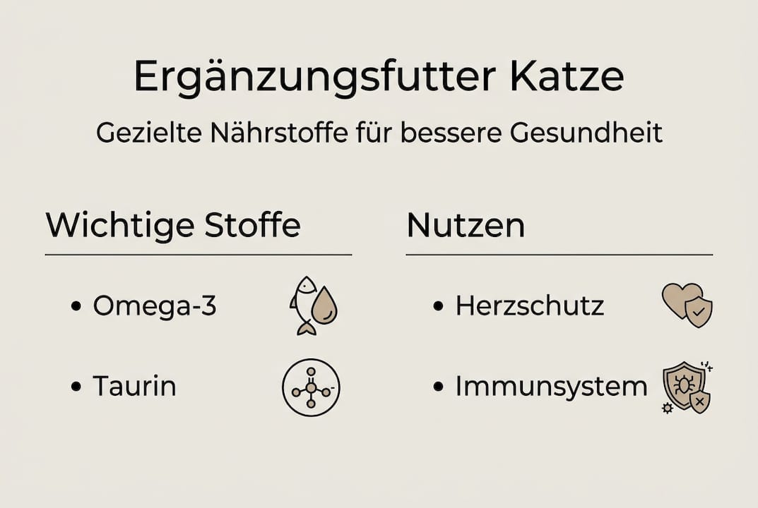 Infografik: Warum Ergänzungsfutter für Katzen sinnvoll ist – Vorteile und wichtige Inhaltsstoffe auf einen Blick