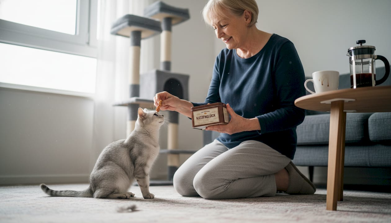 Im Wohnzimmer gibt eine Frau ihrer Katze eine Futtertablette.