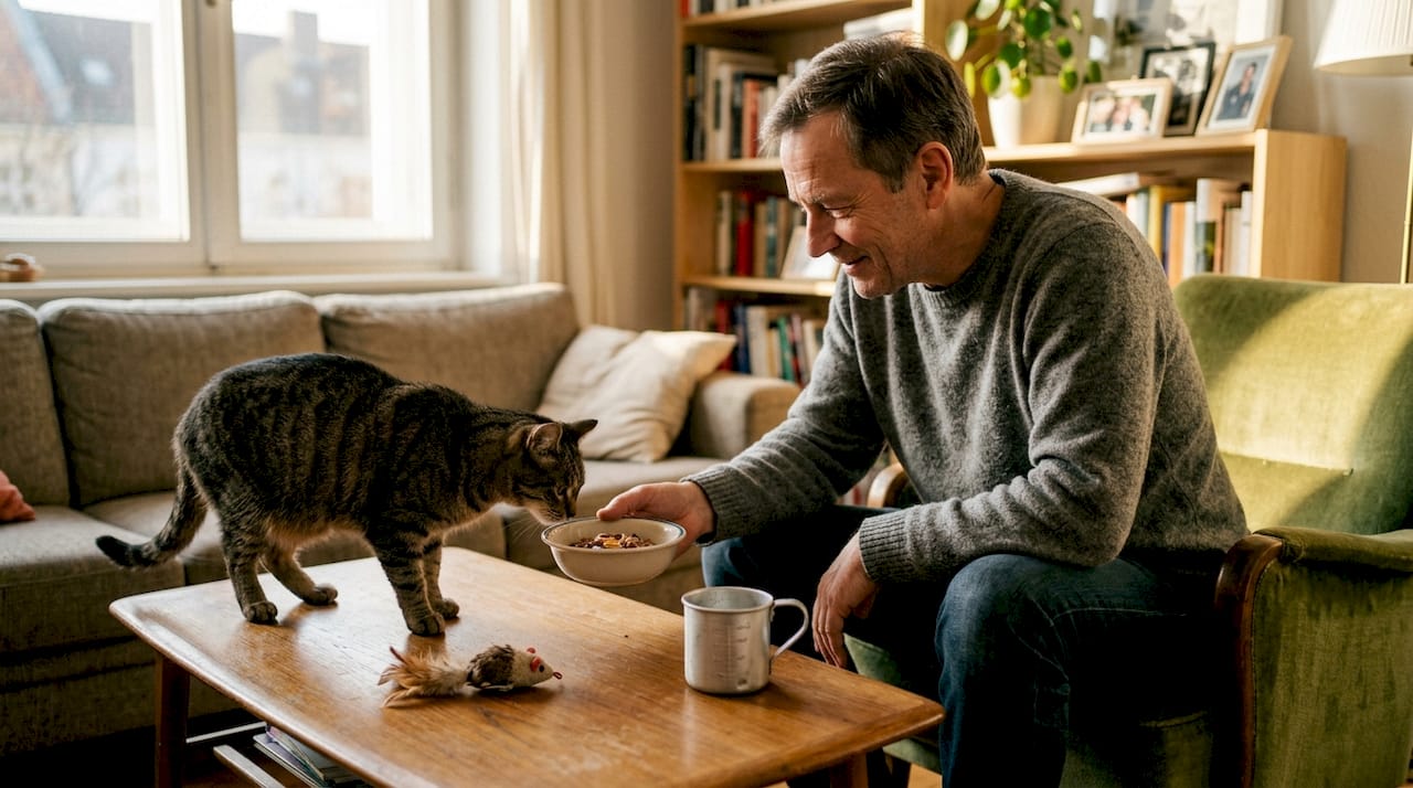 Ein Mann stellt seiner Katze Futter mit Omega-3 an den Futternapf.
