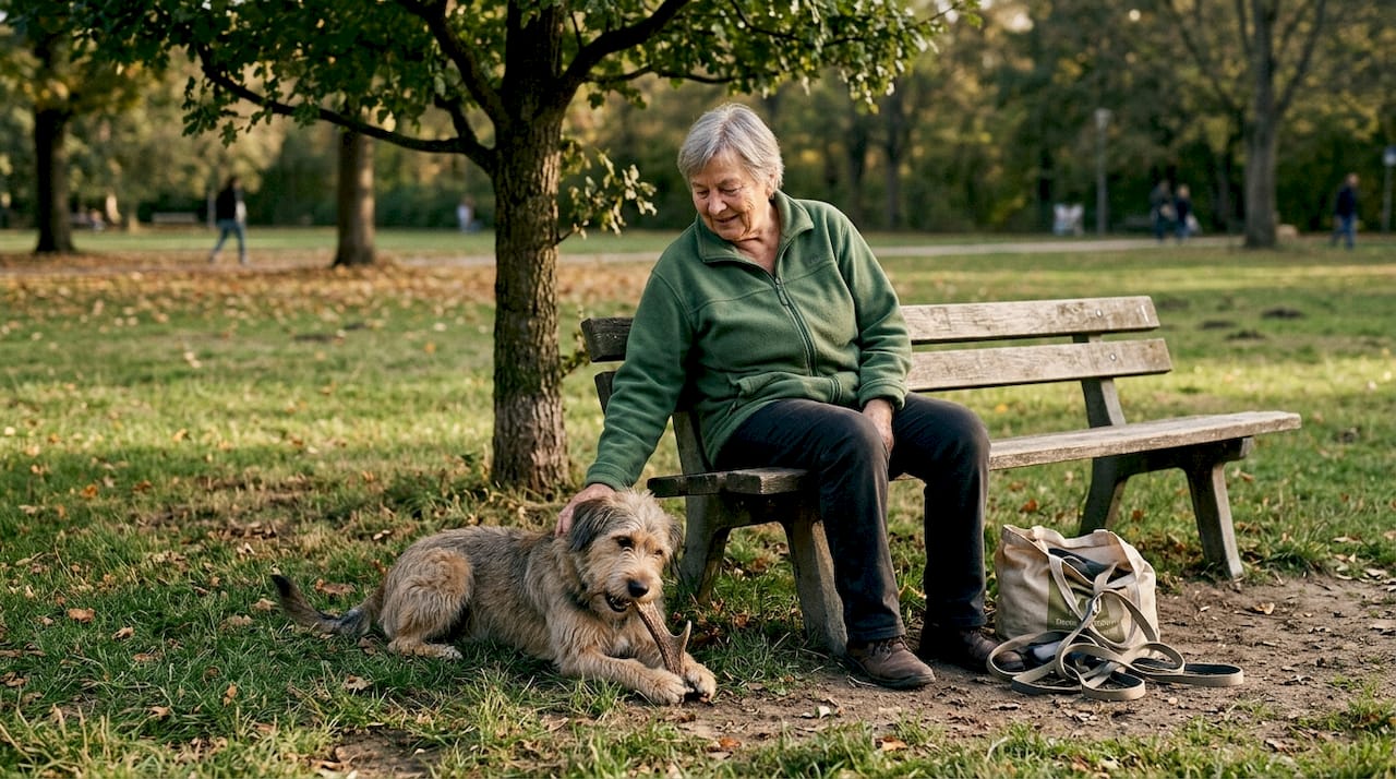 Im Park genießt ein Hund neben seiner Besitzerin einen leckeren Kausnack.