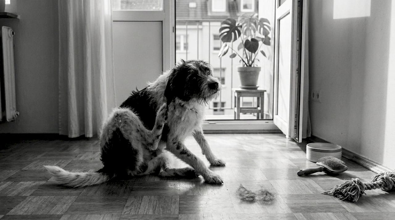 Auf dem heimischen Balkon sorgt der Hund liebevoll für sein gepflegtes Fell.