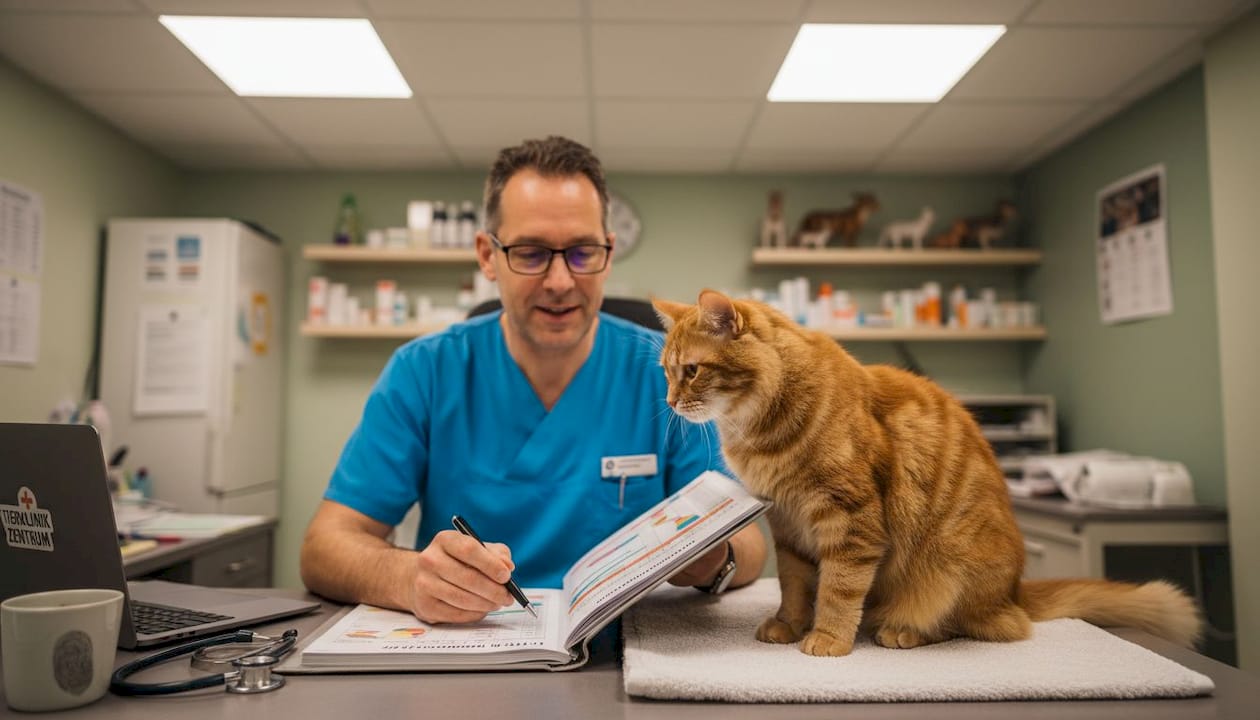 Eine Tierärztin prüft am Schreibtisch die optimale Ernährung für Katzen.