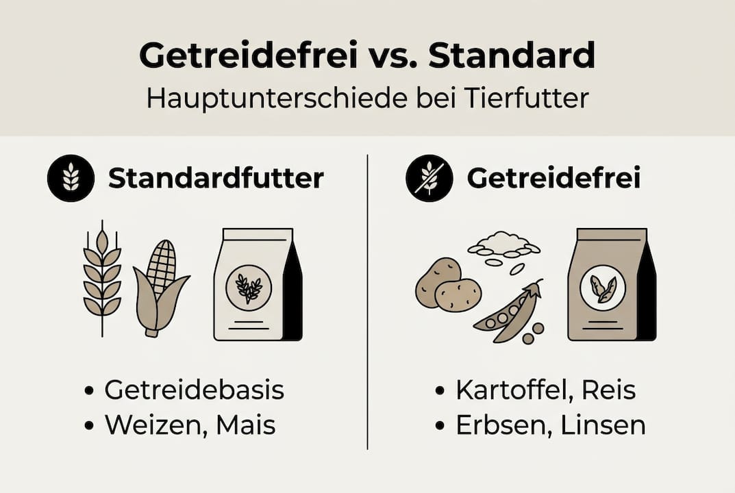 Infografik: Vergleich von getreidefreiem und herkömmlichem Futter – die wichtigsten Unterschiede auf einen Blick