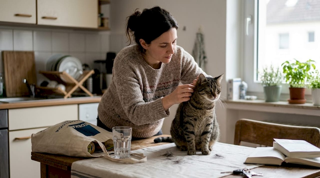 Beim Streicheln tastet die Person behutsam das Fell der Katze ab und achtet dabei auf Auffälligkeiten.