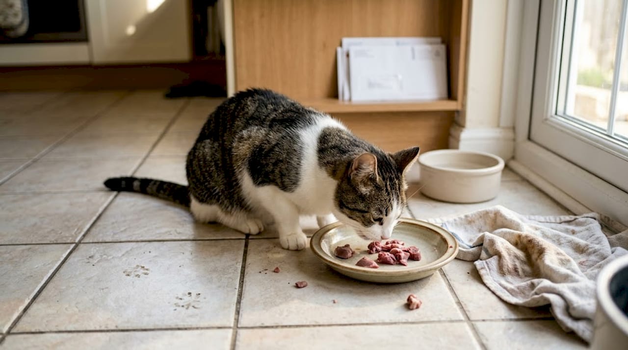 In der Küche sitzt eine Katze und frisst genüsslich ein rohes Herz.
