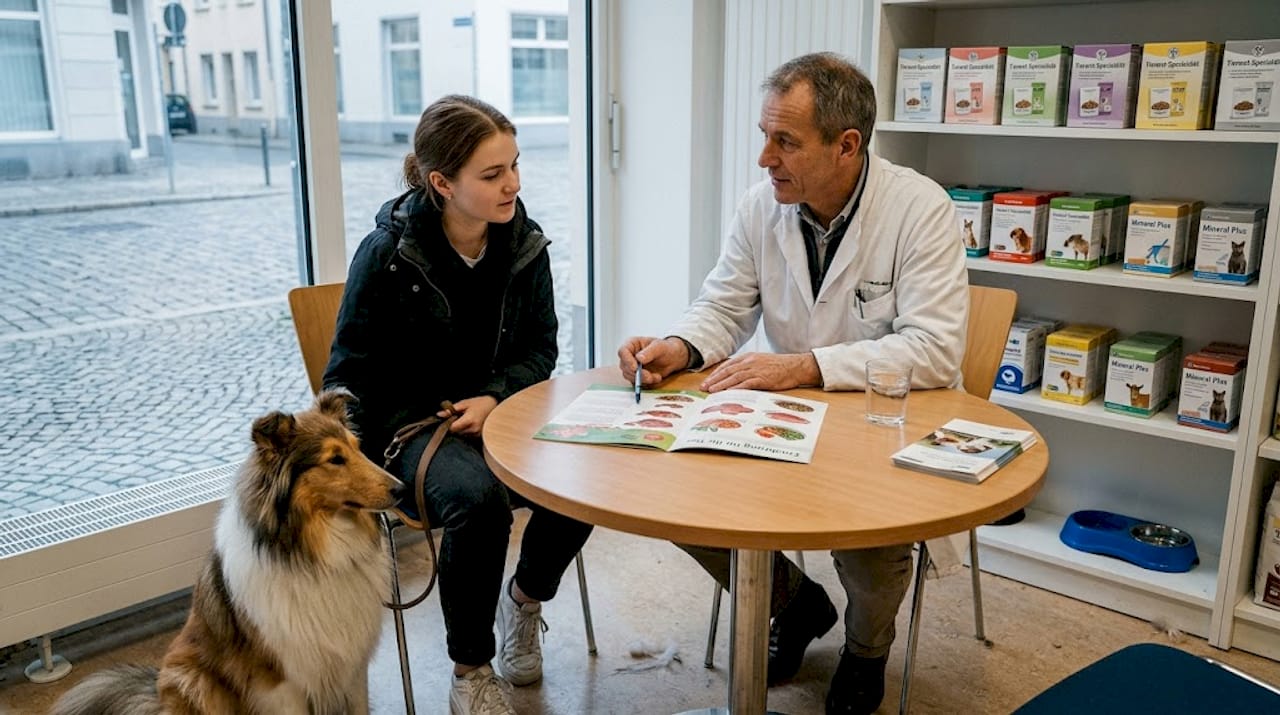 Der Tierarzt nimmt sich am Tisch Zeit, um das Futter und die Nahrungsergänzungsmittel ausführlich zu erklären.