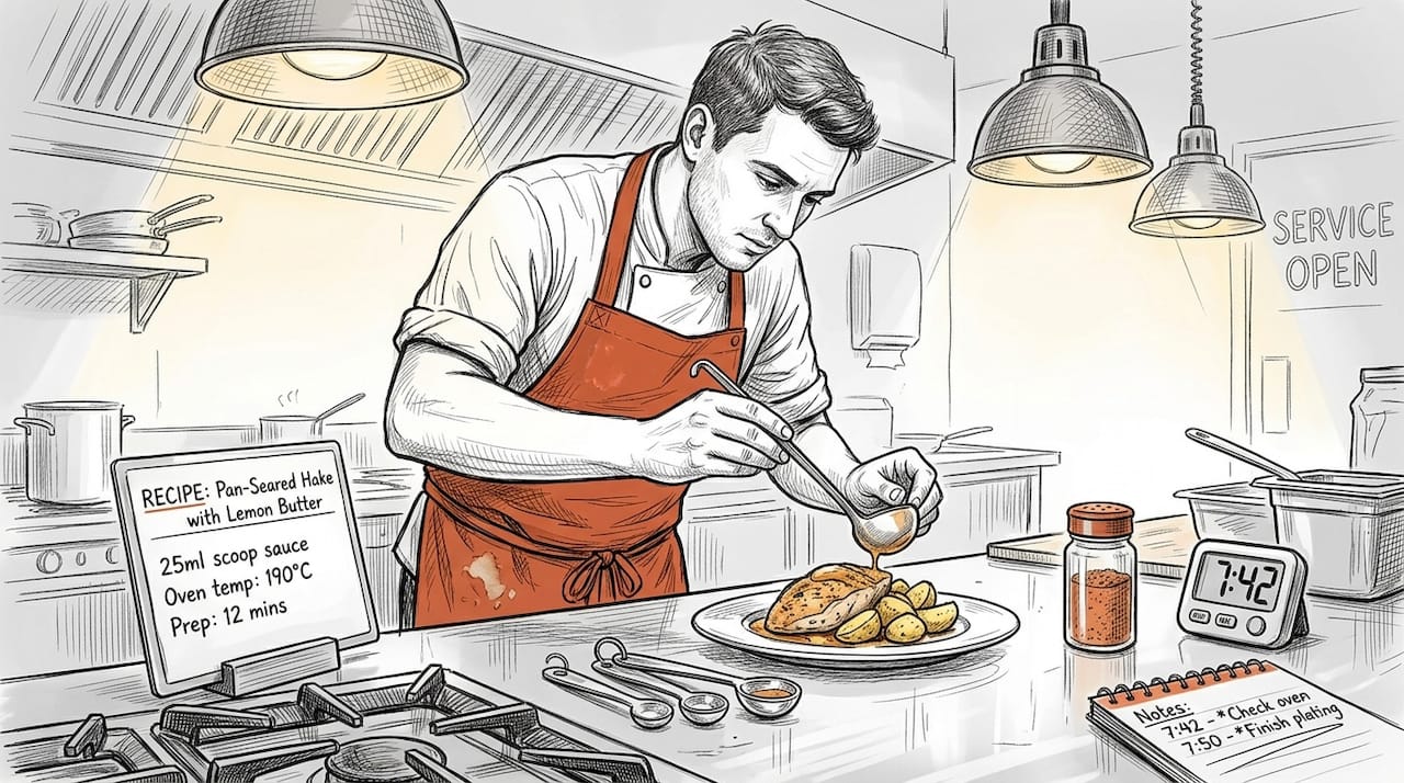 Cook measuring sauce with recipe card nearby