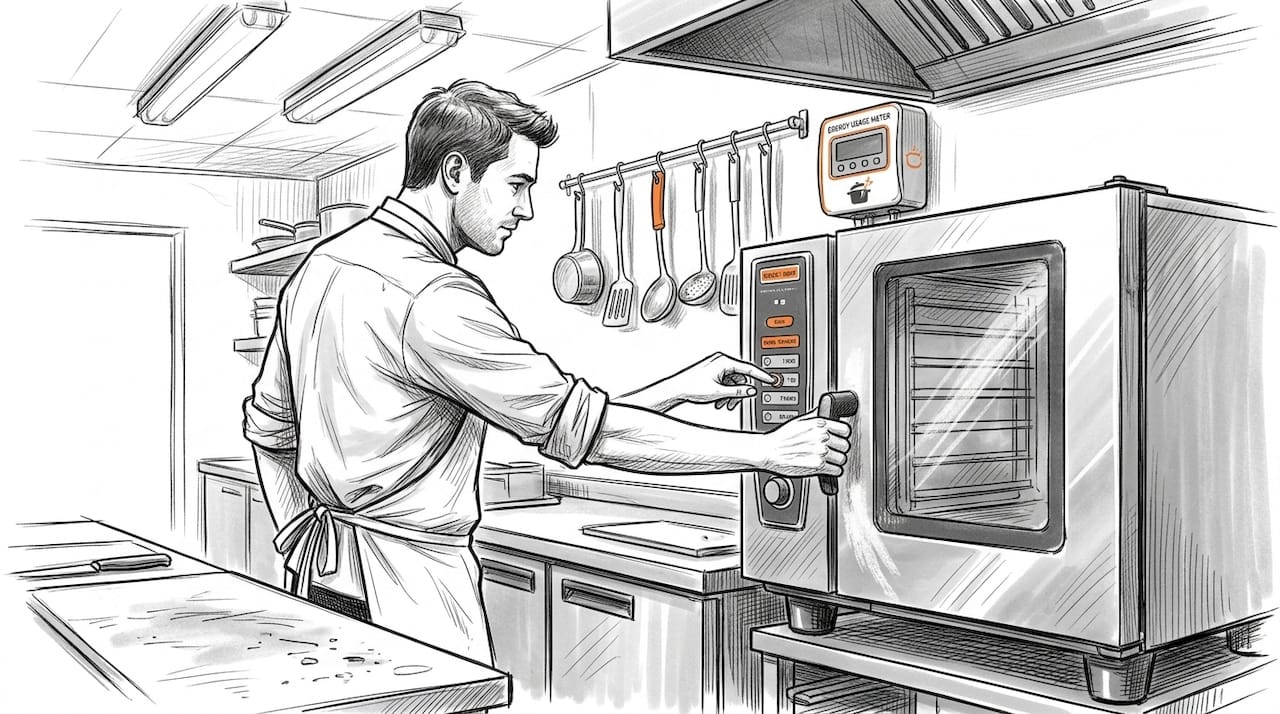 Chef adjusting oven with energy meter nearby