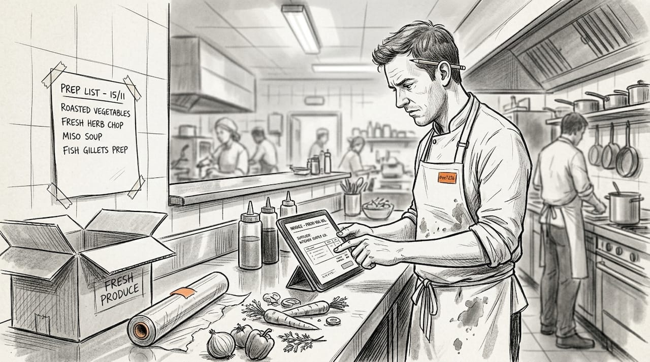 Chef checks invoices on digital tablet in kitchen